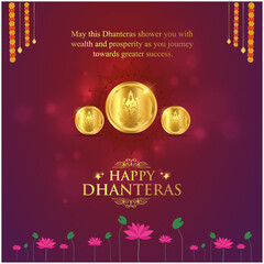 Happy Dhanteras Wishes Social Media Template. Diwali, Gold, Goddess Lakshmi. Indian Traditional Festival
