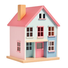 Colorful toy house with pink and blue accents on a white isolate background.