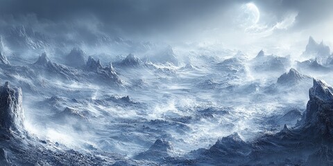 A breath of winter's chill over a vast, icy landscape with rugged peaks and a hauntingly beautiful moonlit sky illuminating the serene yet wild terrain