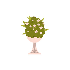 Vector illustration with a large vintage vase with a green bush and white flowers