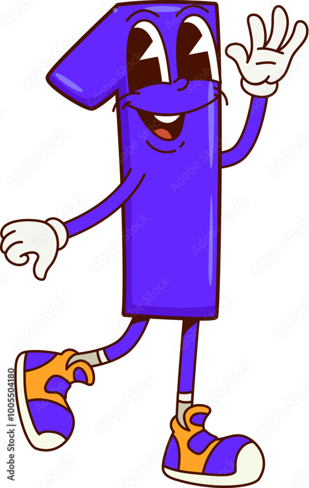 Poster math number one groovy character. cartoon cute funny digit wearing retro sneakers. isolated vector p