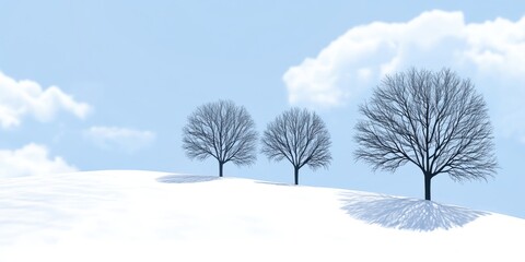 Three barren trees stand gracefully on a snowy hillside beneath a winter sky, embodying the serene beauty of a tranquil day in a winter wonderland