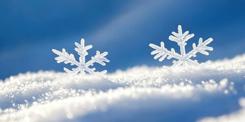 Delicate snowflakes resting on a soft blanket of fresh snow beneath a clear winter sky, capturing the essence of a serene and chilly day in nature's silent beauty