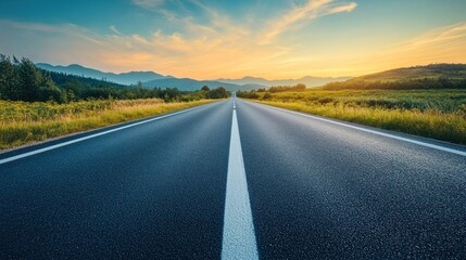 Naklejka premium A scenic road stretches into the horizon under a colorful sunset sky.