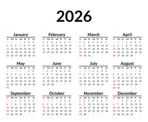 2026 calendar. Week starts on Sunday. Simple calendar layout. Yearly diary. Minimal stationery template with 12 months, in English. Pocket or wall formats