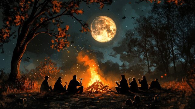 Silhouetted figures gathered around a campfire under a full moon in a forest.