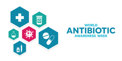 World Antibiotic Awareness Month. Medicine, syringe, virus and more. Great for cards, banners, posters, social media and more. White background.