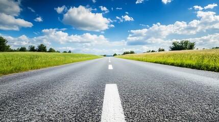 Fototapeta premium Asphalt Road Leading Through Green Fields Under a Blue Sky