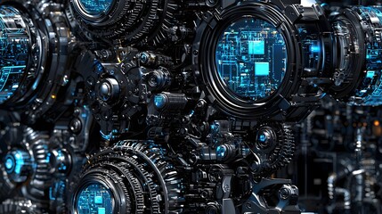 Fototapeta premium Futuristic cybernetic machinery with complex circuitry and neon blue elements