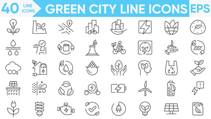 Green city line icons vector and illustrator
