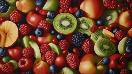 Fototapeta premium A vibrant assortment of colorful fruits, including apples, kiwis, berries, and more, arranged artfully to showcase their natural beauty and variety.