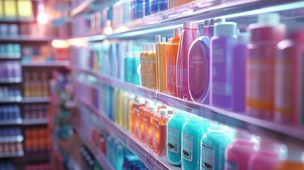 Estantes de supermercado llenos de coloridos productos de cuidado personal y belleza, organizados en filas, con una iluminación suave y ambiente moderno