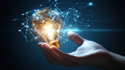 Hand holding glowing light bulb with digital network, dark background.