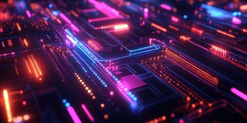 a computer circuit with neon lights