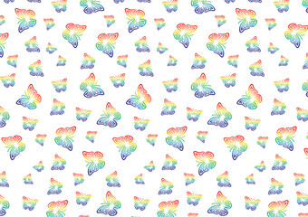 Colorful butterfly pattern with rainbow hues on a white background, seamless design perfect for textiles and tiles, featuring vibrant and lively butterflies