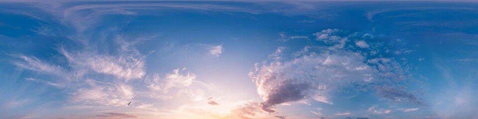 Sunset sky with bright glowing pink Cirrus clouds. Seamless spherical HDR 360 panorama. Full zenith or sky dome in 3D, sky replacement for aerial drone panoramas. Climate and weather change.