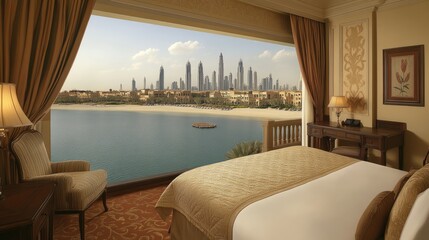 Luxurious hotel suite with elegant furniture, a king-size bed, and panoramic views of the skyline