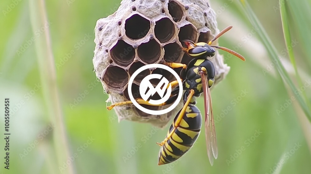 Poster macro image of a wasp building its nest, intricate patterns of the hive visible -