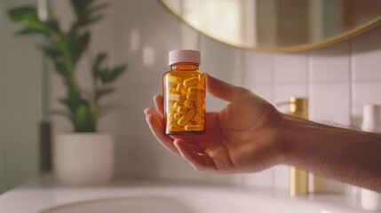 A hand holds a bottle of yellow pills in a modern bathroom, featuring a plant and stylish accessories.
