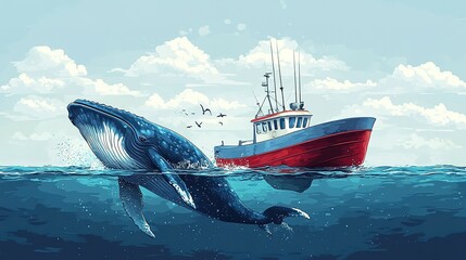 Fototapeta premium Whale Breaching Next to a Red and Blue Fishing Boat