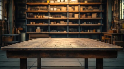 A rustic wooden table in a workshop setting, showcasing detailed craftsmanship and a warm ambiance, perfect for creative projects and interior decoration.