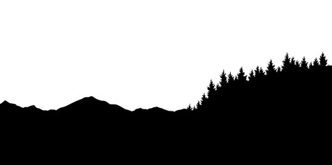 Sountains silhouettes landscape background. Rocky panorama with mountains skyline and pine tree forest. Scenery with slopes, vector cartoon illustration