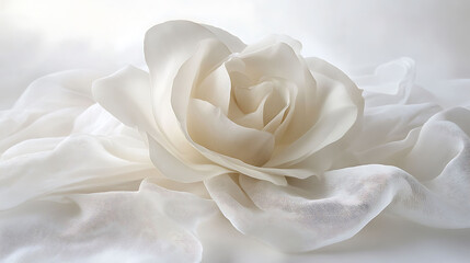 A delicate white rose blossom rests on a soft white fabric, illuminated by a soft, ethereal light.