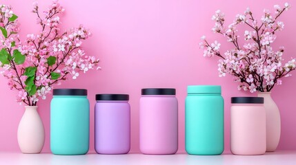 Fototapeta premium A set of stylish product packaging in pastel tones, neatly arranged against a soft background