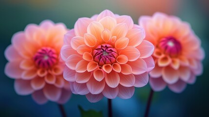 Obraz premium Three stunning pink dahlia flowers with soft focus, showcasing vibrant colors and delicate petals. Perfect for nature lovers and floral décor enthusiasts.