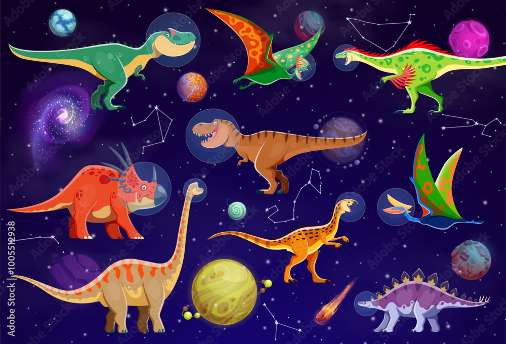 Poster funny dinosaur astronauts in space, cartoon prehistoric lizards with galaxy planets, vector characte