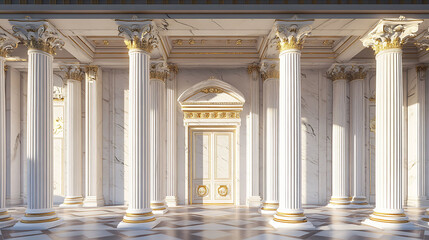 Fototapeta premium A grand entrance to a classic building with white marble columns and a golden door.