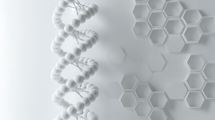 Abstract 3D rendering of a DNA double helix and honeycomb pattern on a white background.