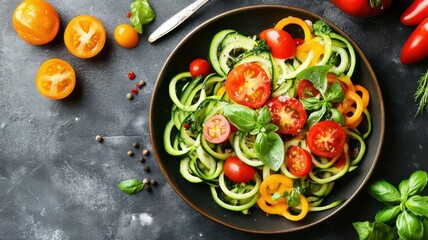 Healthy vegetable salad with fresh tomatoes and greens in a bowl.