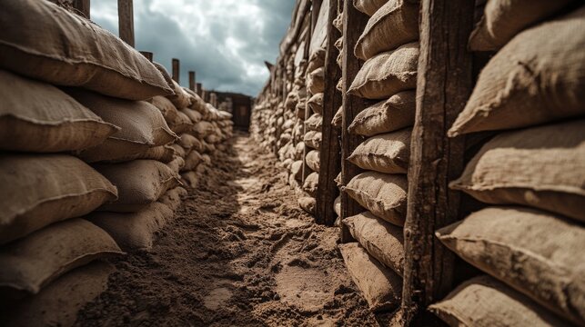 World War I trenches with sandbags stacked for protection in a historical battle scene. 