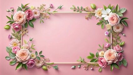 Pastel floral frame on pink silhouette background