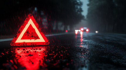A red warning triangle sits on a wet road at night with blurry headlights in the distance.