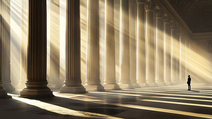 Obraz premium A lone figure stands in the middle of a grand, columned hall, bathed in golden sunlight streaming through the windows.
