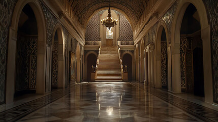 Obraz premium An elegant hallway with a grand staircase and intricate details.