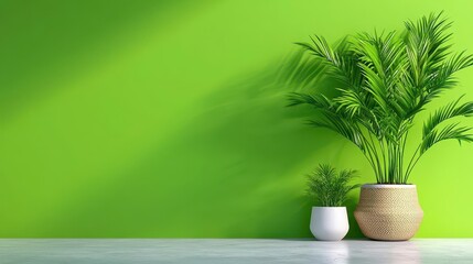 A sleek modern living space with clean lines, bright natural light, and a green accent wall with minimalist decor pieces and large indoor plants