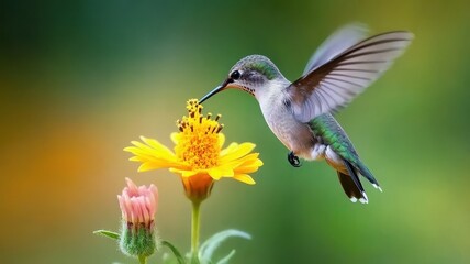 Fototapeta premium Hummingbird feeding on flower against a blurred nature background.