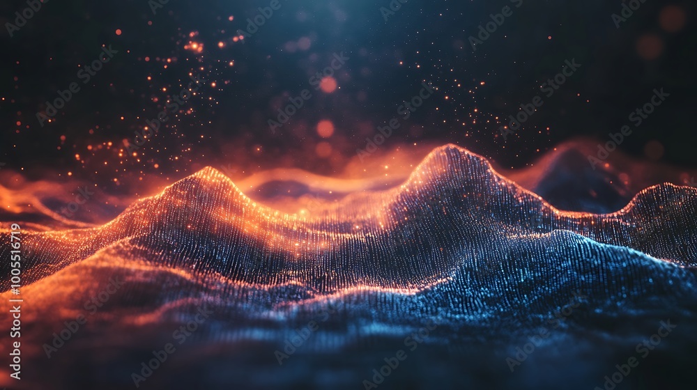Aufkleber Abstract 3D rendering of a digital landscape with glowing particles in red and blue hues.
