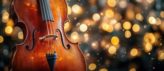 Cello close up against blurred golden lights.