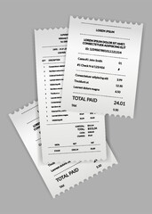 Naklejka premium Payment check and receipts. Set of financial paper, purchase invoice. Buying, bill or calculate pay. Receipt the seller forms