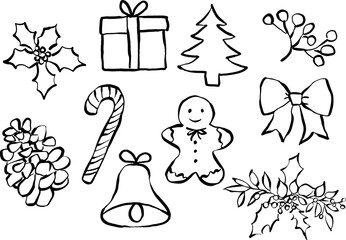 Set de iconos navideños dibujados a mano. Ilustraciones navideñas para invitaciones, tarjetas, decoración, regalos. Vector.