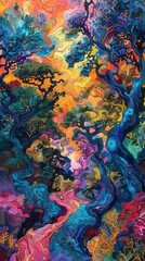 Naklejka premium Surreal forest, twisted trees, vibrant hues, bird's-eye view, midday light, emotional depth, abstract scene,