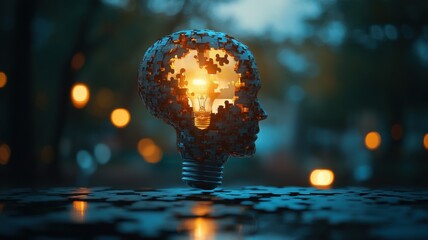 Illuminated puzzle skull with light bulb, artistic and thought-provoking concept.