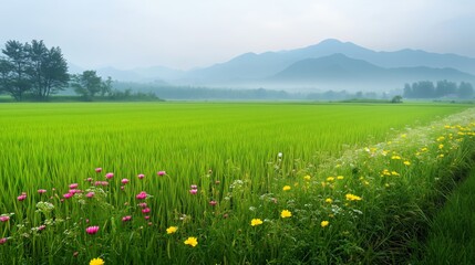 Obraz premium A peaceful rice field with wildflowers blooming along the edge of the field, adding pops of color like yellow and pink against the vibrant green stalks. 