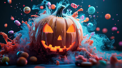 vibrant Halloween scene featuring glowing jack o lantern surrounded by colorful candies and swirling smoke. festive atmosphere captures essence of Halloween fun and excitement