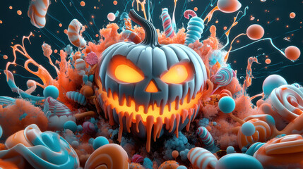 vibrant Halloween scene featuring glowing jack o lantern surrounded by colorful candies and swirling decorations. playful yet spooky atmosphere captures essence of Halloween festivities
