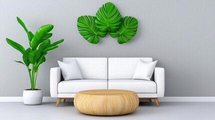 A stylish and modern living room with natural wood accents, indoor plants, and light neutral tones, creating a cozy yet contemporary vibe